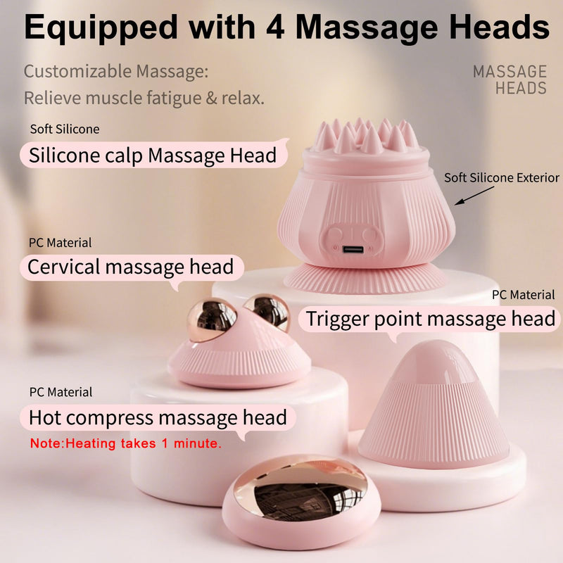 Portable Mini Electric Head Scalp Massager Stress Relax, 3 Vibration & 2 Heating, Handheld Massager Set with Suction Cup for Neck, Back, Face, Legs and Hands (Pink) Pink