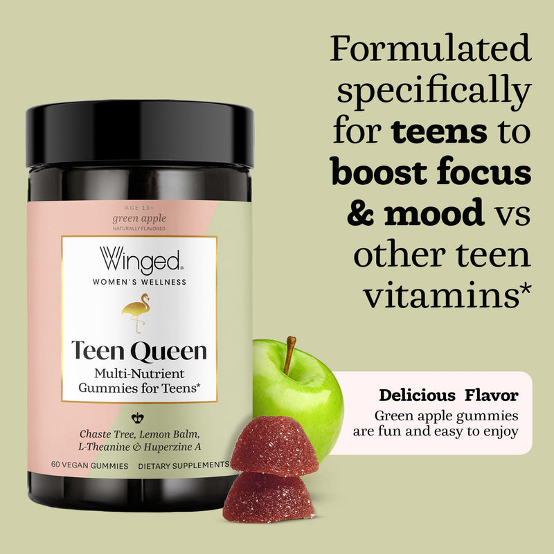 Winged Wellness Teen Queen, Multivitamin Gummies for Teen Girls, 60 Gummies | Teen Multi-Vitamins for Mood & Hormonal Health, Vegan Gummy Supplement - Chaste Tree, Lemon Balm, L-Theanine, & Huperzine A 50 Count (Pack of 1)
