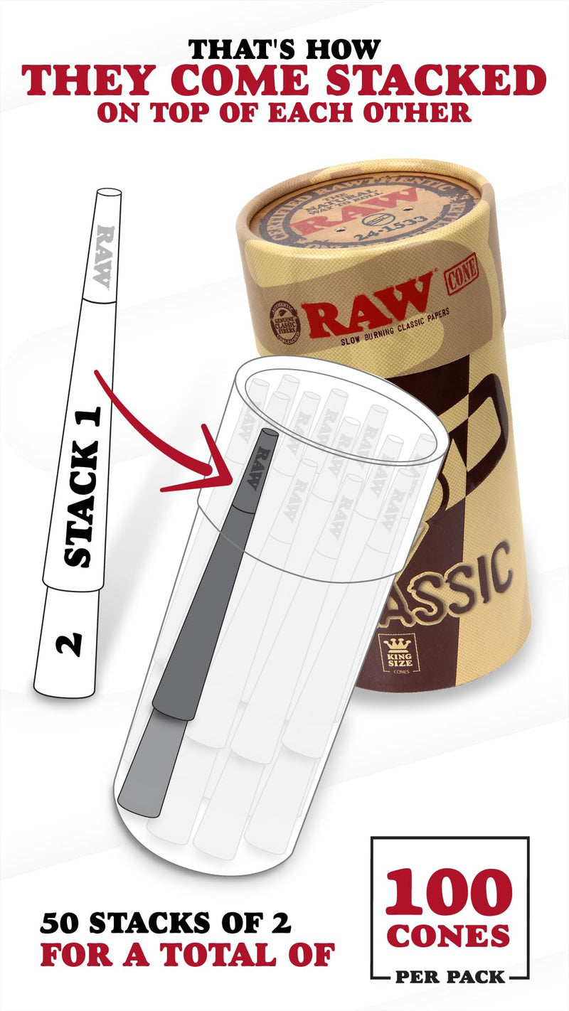 [Australia] - RAW Cones Classic King Size | 100 Pack | Natural Pre Rolled Paper with Tips and Packing Tubes Included 