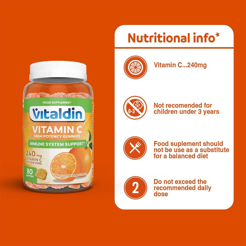 VITALDIN Vitamin C Gummies – 240 mg per Serving - 80 Chewable Gummies (40 Days’ Supply); Orange Flavour – Gluten Free Gummy – for Kids & Adults