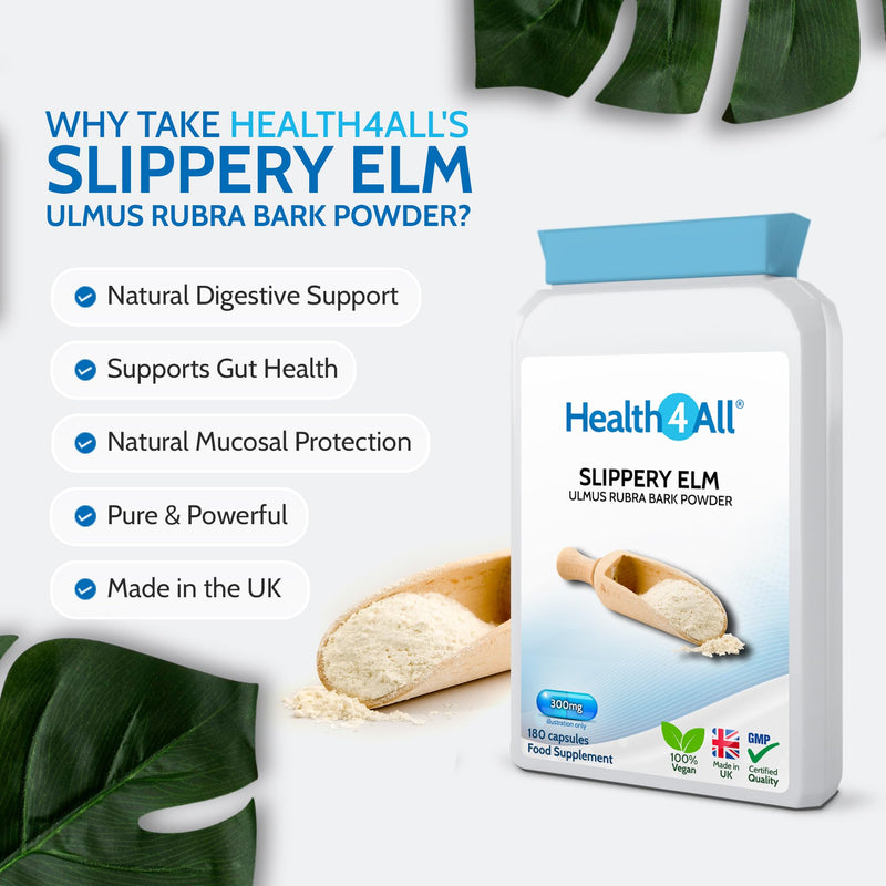Health4All Slippery Elm 300mg 180 Capsules, Digestive Health & Acid Reflux Support. Vegan Digestive Support Supplement, Ulmus Rubra Inner Bark Powder, Stomach Soothe, Gluten Free | Made in UK 180 count (Pack of 1)