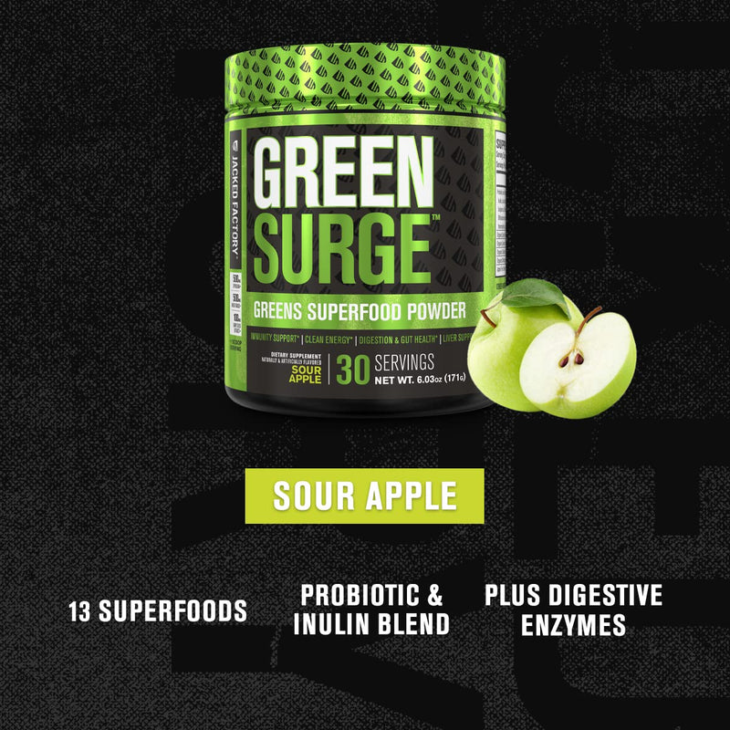 [Australia] - Jacked Factory Green Surge Green Superfood Powder- Keto Friendly Greens Drink w/Spirulina, Wheat & Barley Grass, Organic Greens - Green Tea Extract, Probiotics & Digestive Enzymes - Sour Apple 30 Servings (Pack of 1) 
