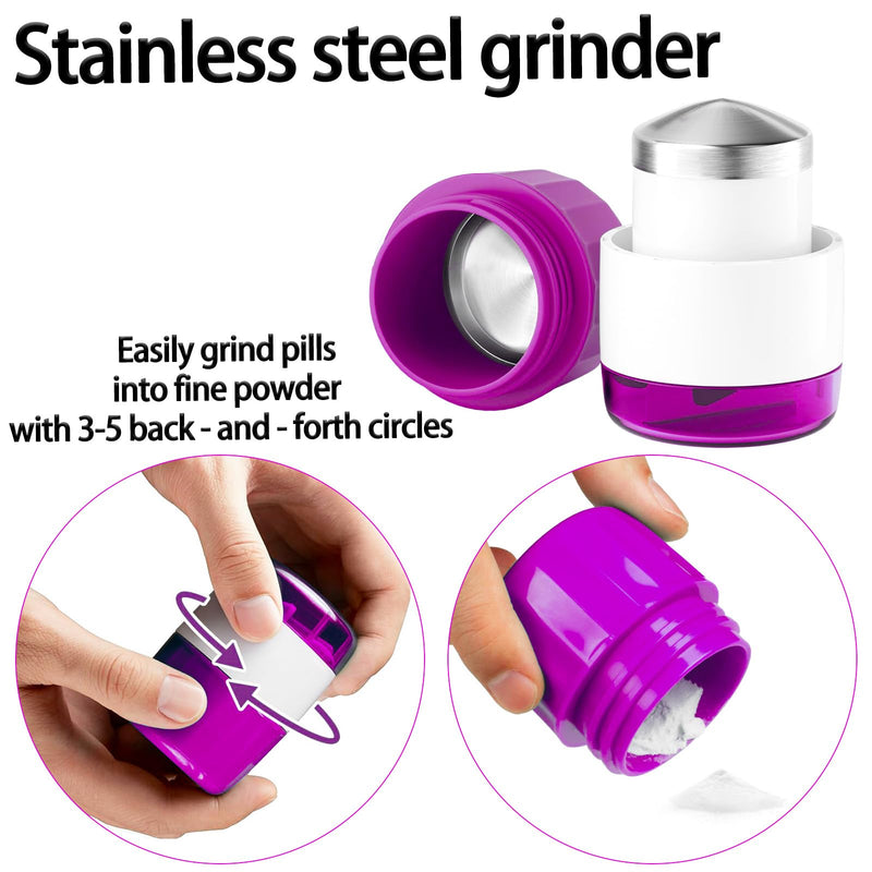 Pill Cutter Splitter for Small and Tiny Pills Vitamins Tablets, Built-in Storage Compartment, Pill Crusher Fine Powder with Stainless Steel Grinding Head,Pills Grinder with Pill Box Organizer (Purple) Purple
