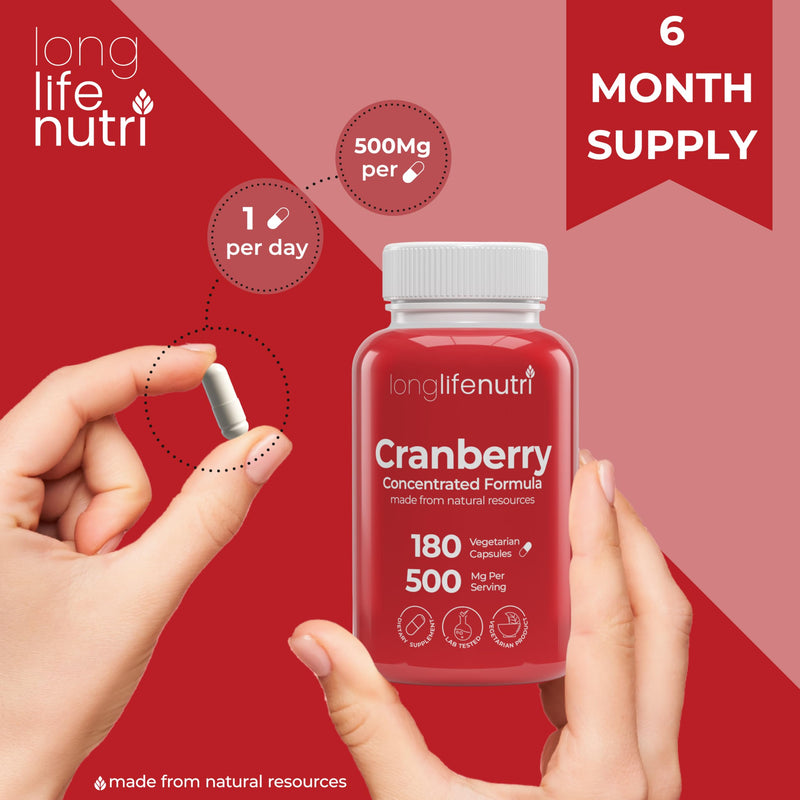 Cranberry Extract with Vitamin C & E - Pure Concentrated Formula, 500mg per Serving, 180 Vegetarian Capsules, Urinary Tract Health & Bladder, 6 Month Supply, Made in USA