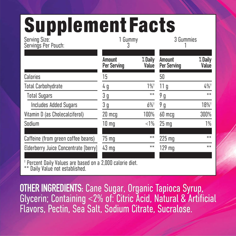 [Australia] - Energy Gummies, 2475mg of Plant-Based Caffeine Chews per Bottle, Long Lasting Energy Boosters, Elderberry (33ct) 