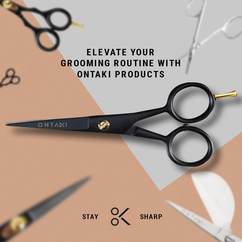 [Australia] - ONTAKI Professional German Steel Beard Scissors 5" Men's Mustache Scissors with Beard Comb and Carry Case Hand Forged Bevel Edge Precision Facial Hair - Black 