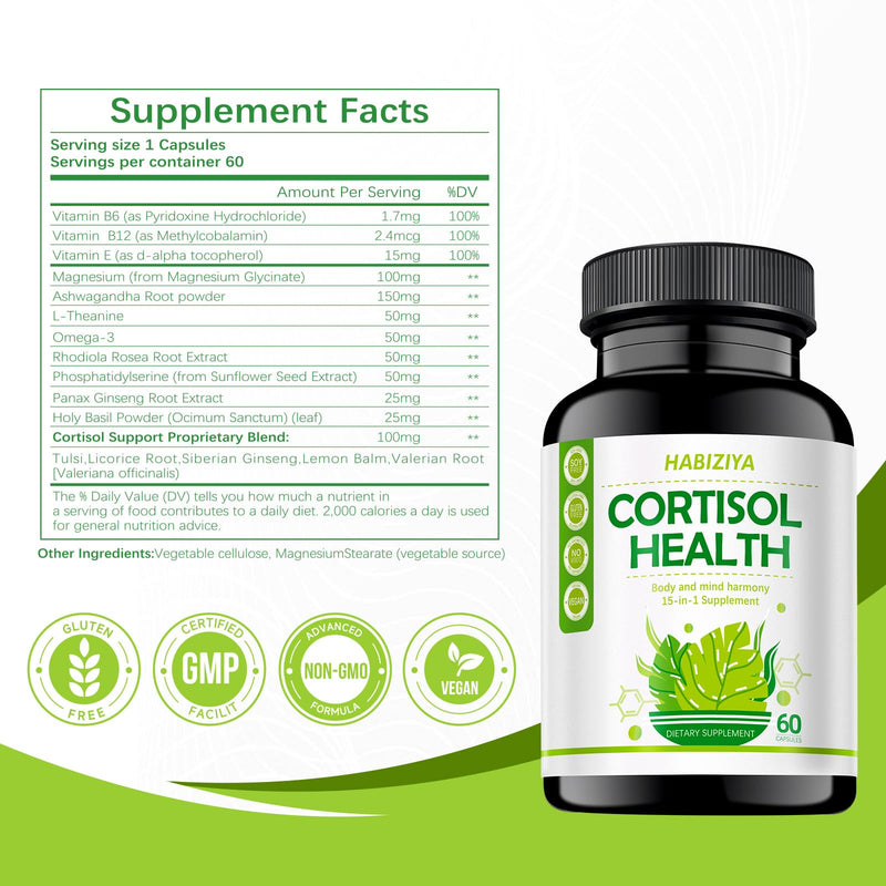 Cortisol Support Supplement with Magnesium Glycinate, L-Theanine, Ashwagandha, Phosphatidylserine,Rhodiola Rosea 15-in-1 Hormone Balance for Women Men Mood, Focus, Sleep Support 60 Capsules