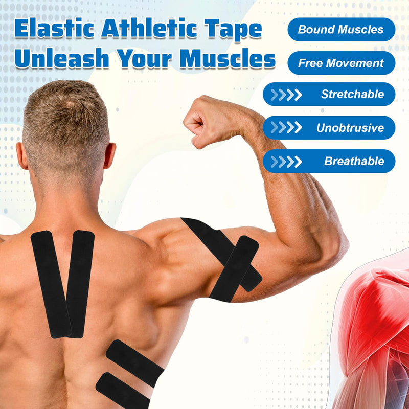 [Australia] - 6 Rolls Black Kinesiology Tape, 120 Count Precut Strips Kinetic Tape Cotton Elastic Athletic Tapes Latex Free, Elastic Athletic Tapes for Ankle Muscle Knee Elbow Shoulder Muscle Pain Relief, 2” x 10” 