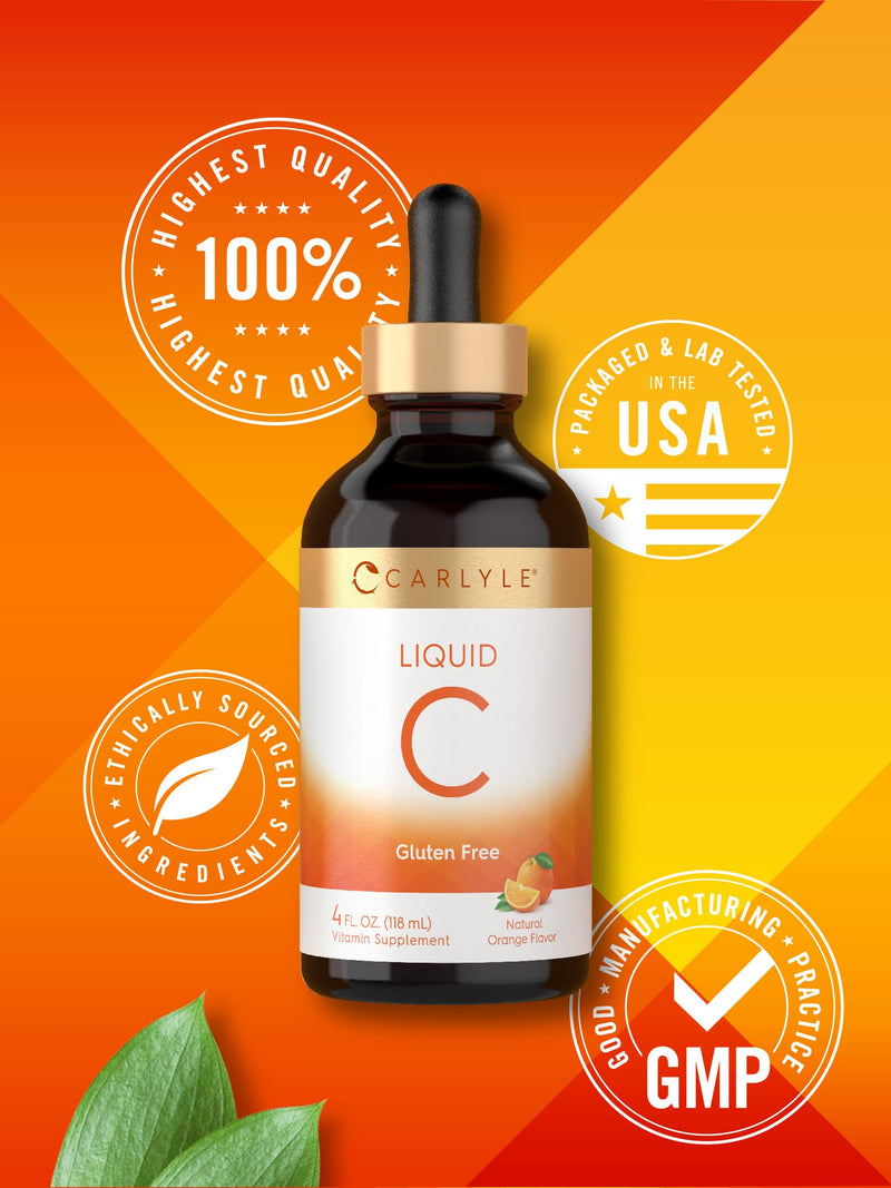 Carlyle Vitamin C Liquid Drops | 4 fl. oz | Ascorbic Acid and Sodium Ascorbate | Orange Flavor | Vegan, Non-GMO, Gluten Free Supplement