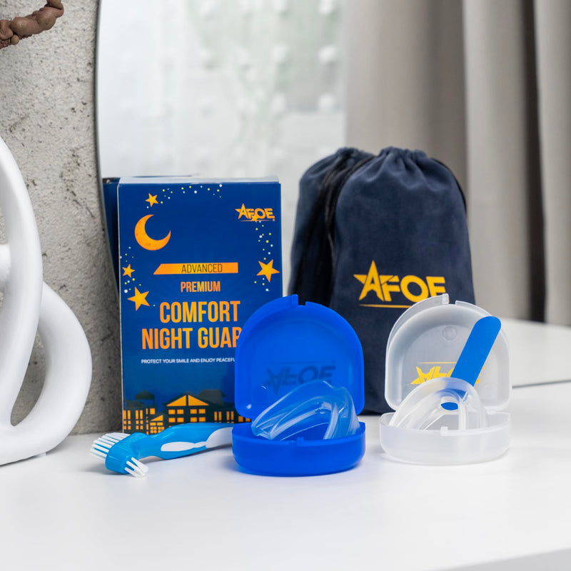 [Australia] - Bruxism Night Guard for Teeth Grinding & TMJ Relief, Premium Comfort Nose Breathing Oxygen Kit – 2-Pack (Clear & Blue), BPA & Latex-Free, Custom Dental Guards, Travel Cases & Brush – by AFOE 