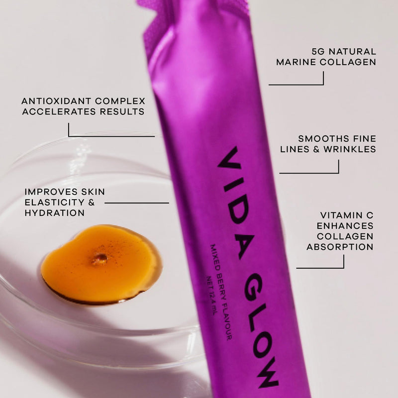 Vida Glow Collagen Liquid Advance, Double Dosage of Natural Marine Collagen & Added Antioxidant Complex to Address Skin Ageing, Ready-to-Consume Liquid Collagen, Delicious Mixed Berry Flavour.