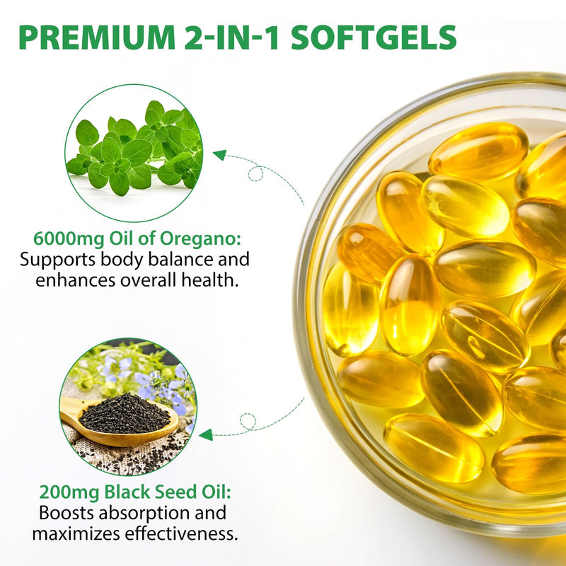 [Australia] - Oil of Oregano Capsules with Black Seed Oil, 6000mg Oregano Oil & 200mg Black Seed Oil per Serving, Immune Support, Non-GMO, Gluten Free, 240 Softgels 