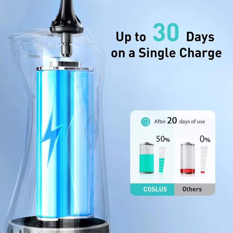 [Australia] - COSLUS Water Dental Flosser Pick for Teeth: 4 Modes Cordless Portable 300ML Larger Tank Water Teeth Cleaner IPX7 Waterproof Flossing Cleaning Picks for Home Travel FC5360 Black 