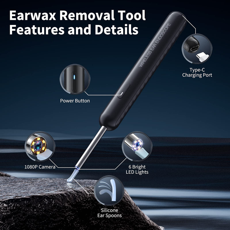[Australia] - Ear Wax Removal, Ear Cleaner with Camera and Light, Ear Wax Removal Kit with 8 Pcs Set, Ear Wax Removal Tool Camera with 1080P, Ear Cleaning Kit with 6 Spoons, Ear Camera for iOS & Android (Black) Black 
