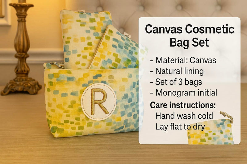 Set of 3 Canvas Makeup Bags with Natural Lining and Initial Embroidery – Travel Cosmetic Pouches Organizer