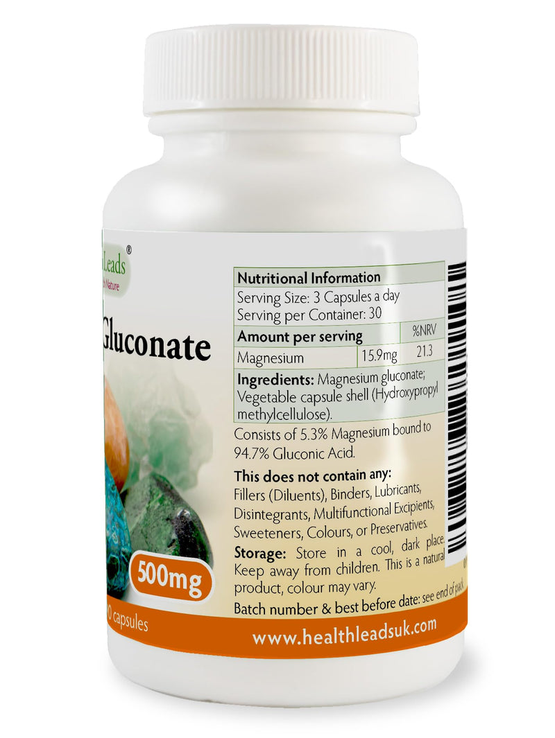 Magnesium Gluconate 500mg x 90 Capsules (100% Additive Free)