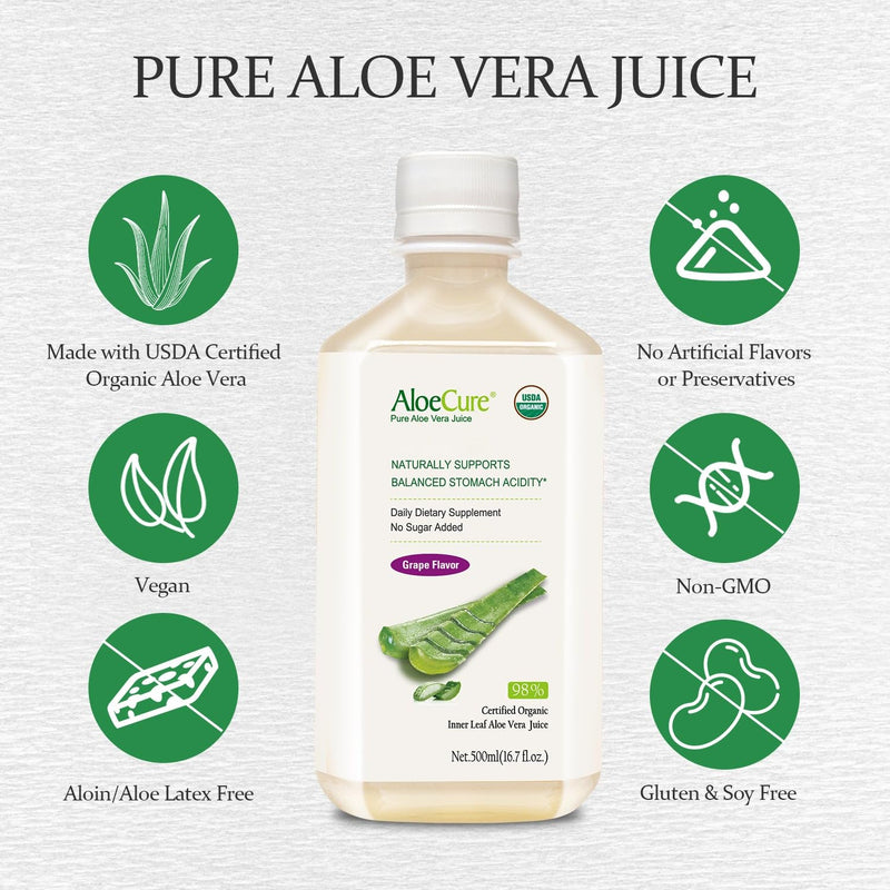 [Australia] - AloeCure USDA Organic Aloe Vera Juice Grape Flavor, Made Within 12 Hours of Harvest - Pure Aloe Juice Natural Digestive & Immune Support Supplement, Naturally Balances Stomach Acidity, 16.7oz Bottle 1 