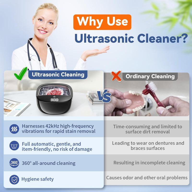 [Australia] - Ultrasonic Retainer Cleaner Machine, 42kHz Portable Ultrasonic Dentures Cleaner, 130ML Ultrasonic Jewelry Cleaner for Dental Retainer, Mouth Guard, Watch, Ring, Diamond -Home or Travel Use Black 