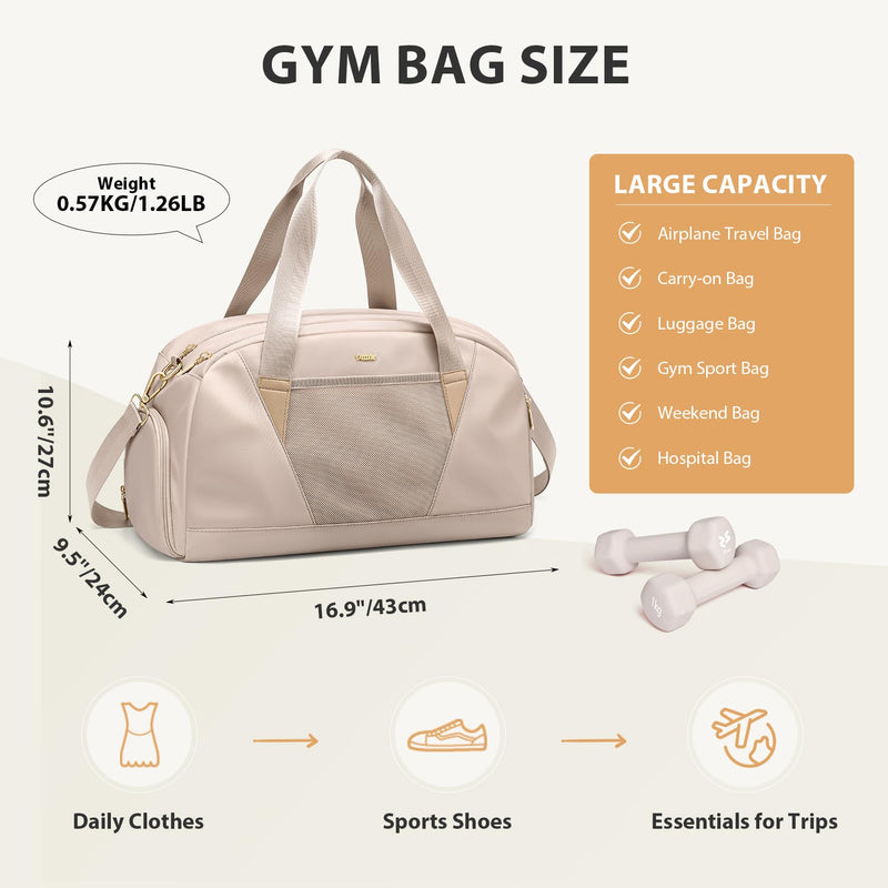 VNINE Duffle Bag for Women Men Travel Bags with Shoes Compartment Carry On Weekender Bag Airlines Approved Duffel Bag with Wet Pocket Water Resistant Overnight Sports Workout Dance Bags Beige