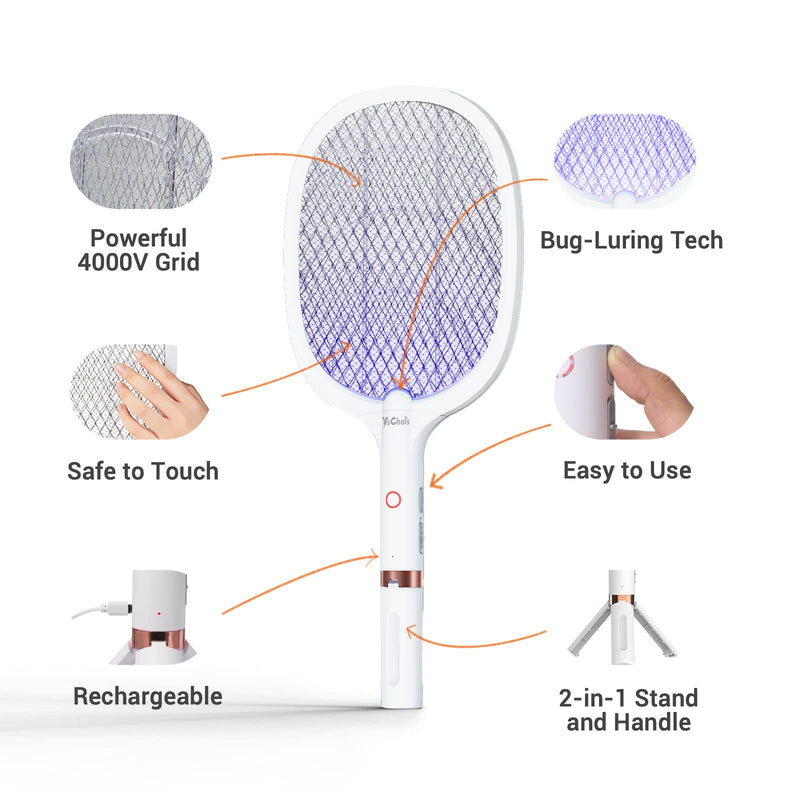[Australia] - Electric Fly Swatter Racket, Rechargeable Fly Zapper - 4000 Volt, Exclusive 2-in-1 Bug Zapper Racket - USB Charging, 1800mAh Li-Battery, Indoor & Outdoor Use, White 