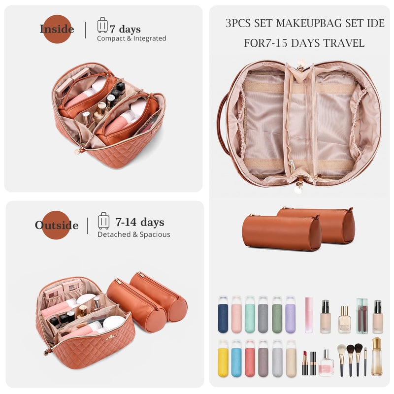 Travel Makeup Bags Cosmetic Organizer: 3Pcs Set Puffy Make up Bag for Women | Brown Premium Quilted ELEGANCE Design | Large Capacity Leather Toiletry Bags | Wide Open Compact Case for Travel Essentials 06 Brown