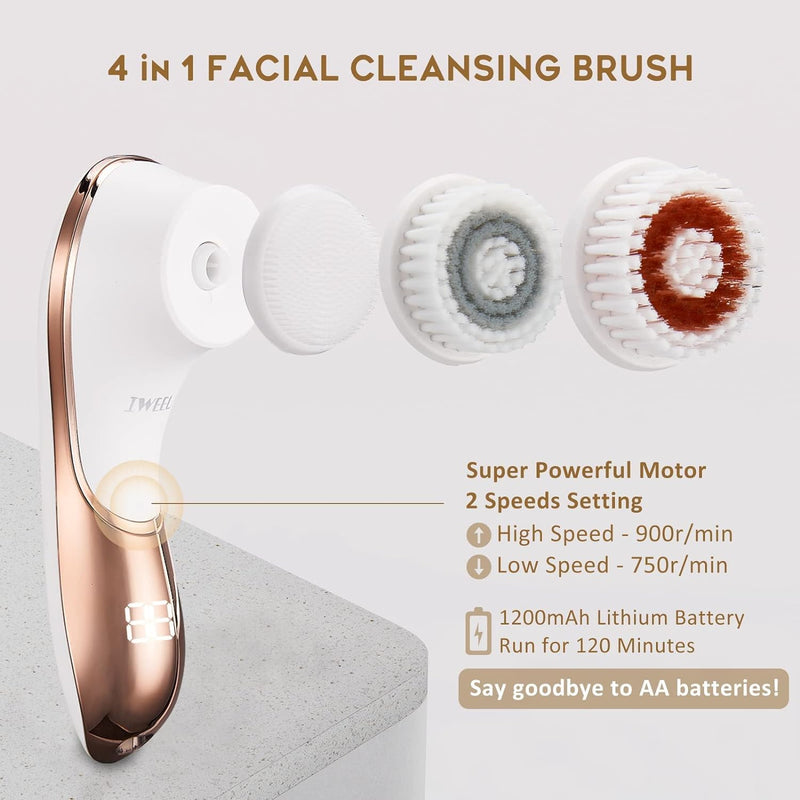 Electric Face Brush Scrubber Rechargeable Facial Exfoliator IPX-7 Waterproof Spin Cleanser Rotating Spa Machine for Exfoliating, Massaging and Deep Cleansing with 4 Brush Heads White & Rose Gold