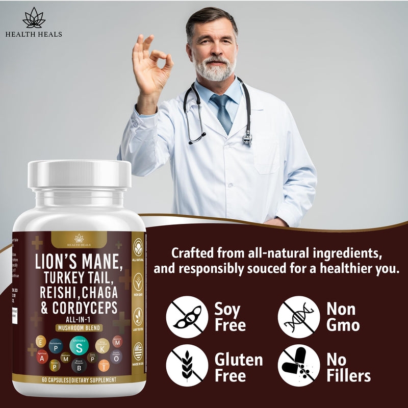 [Australia] - Mushroom Supplement with Turkey Tail 2000mg Reishi 1000mg Cordyceps Chaga 1000mg with Marshmallow Root - 60 Count 