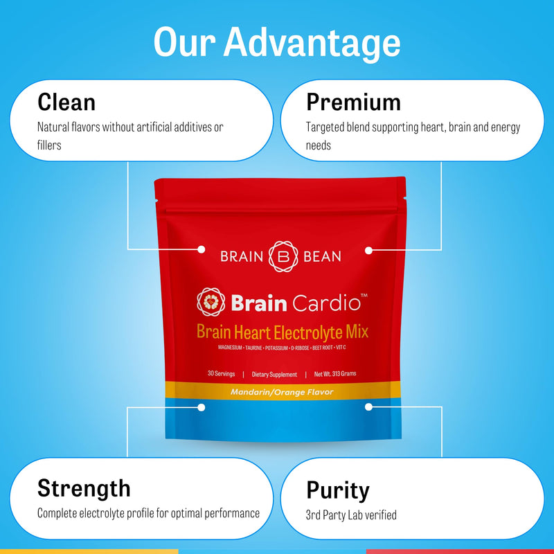 Brain Bean Brain Cardio Electrolyte Mix - Mandarin/Orange Flavors - Heart & Brain Support with Magnesium, Taurine, Potassium, D-Ribose, Beet Root & Vitamin C - 30 Serving