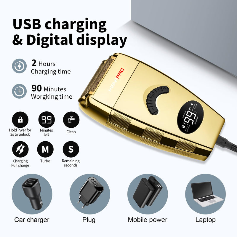 [Australia] - HIENA PRO Reciprocating Foil Shaver for Men, Professional Bald Precision Trimmer and Beard Trimmer, Electric Foil Shaver with USB Charging, Grooming Tools, Gifts for Men(Gold) Gold 