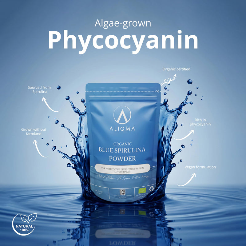 Aligma Organic Blue Spirulina Powder 75g | 100% Natural Phycocyanin for Smoothies – Vibrant Blue Food Colouring & Ingredient Rich in Protien | Resealable Package
