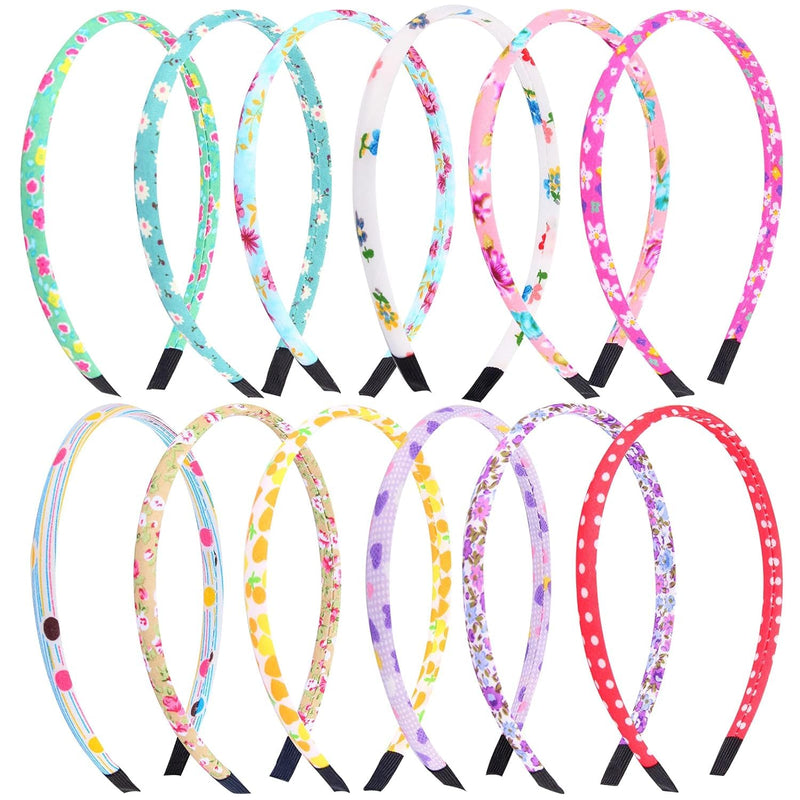 [Australia] - Headbands for Girls 12Pcs Thin Head Bands for Kids Children Hairbands for Toddler Floral Cloth Fabric Covered Headband Birthday Party Favors 1cm floral headbands for girls 