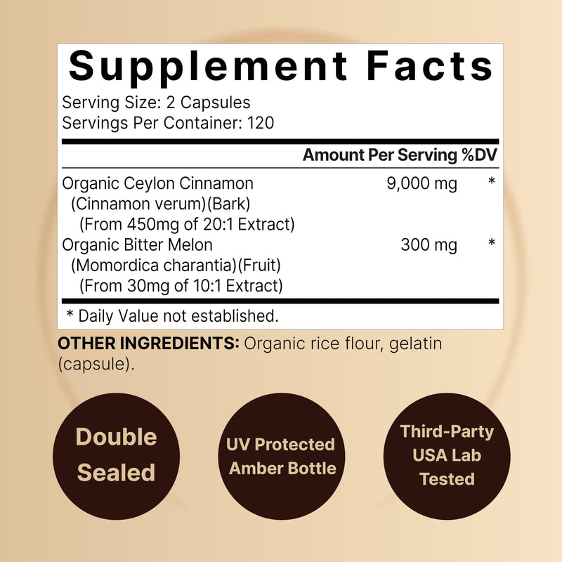 [Australia] - NatureBell Ceylon Cinnamon 9,000mg Per Serving, 240 Capsules | Made with Organic Sri Lanka Ceylon Cinnamon and Organic Bitter Melon, 2 in 1 Support – Non-GMO, No Gluten 