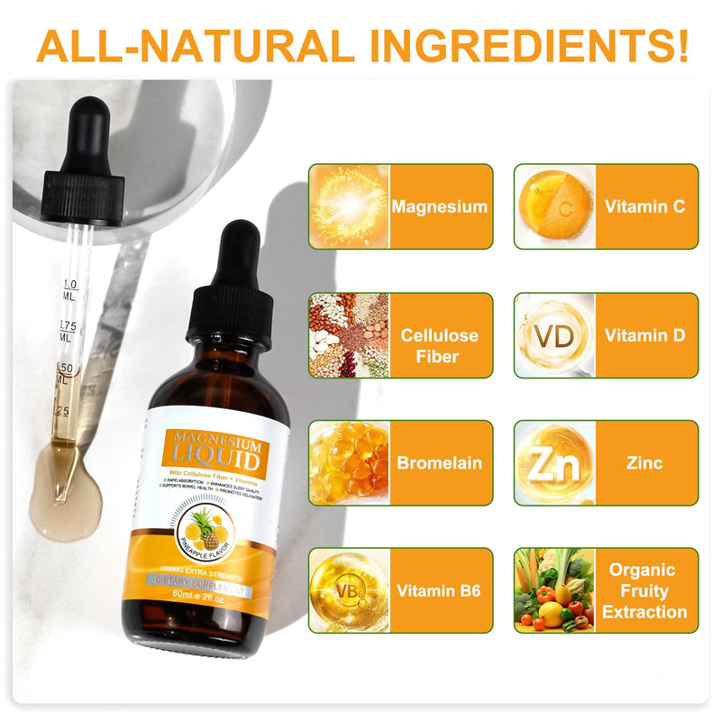 Magnesium Glycinate Liquid Drops Liquid Magnesium Complex with Glycinate,Taurate,Cellulose Fiber,Bromelain,Vitamin B6,C,D and Zinc Pineapple 120ml