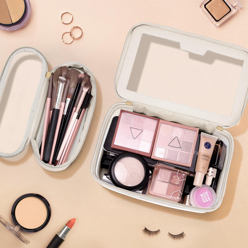 Soimeat Travel Clear Makeup Bag with Makeup Brush Bag, Leather Makeup Case Toiletry Bag, Portable Cosmetic Bag Case, Transparent Waterproof Cosmetic Organizer Storage Bag for Women,
