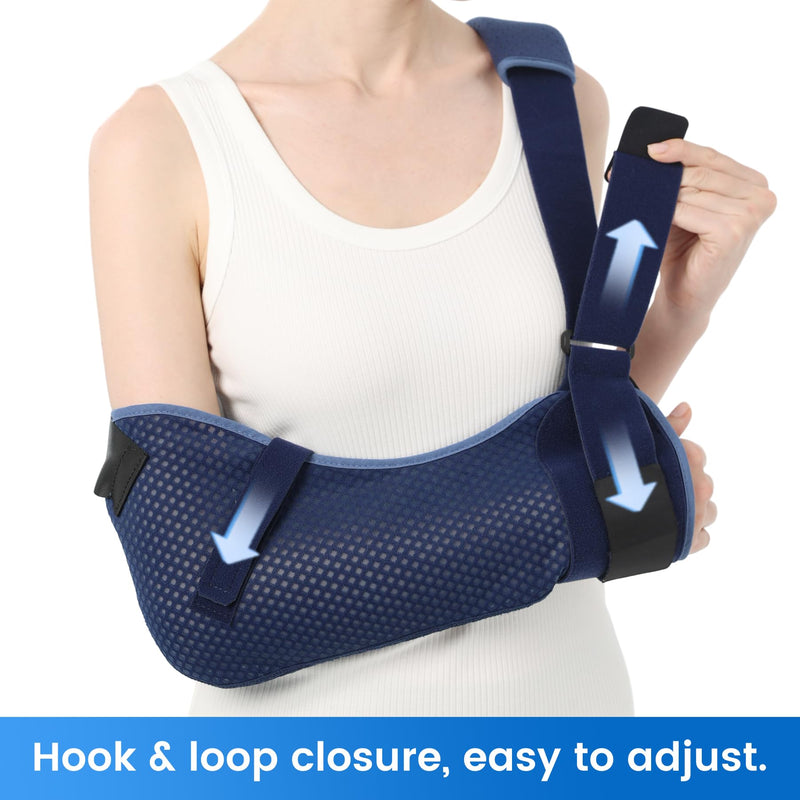 Velpeau Arm Sling Shoulder Immobilizer with Waist Strap, Ventilated & Breathable Design, Arm Support Brace for Shoulder, Rotator Cuff, Elbow, Hand injury (Mesh Version, Blue, Right, L: Bust 40-51″) Large Mesh Version-Right hand