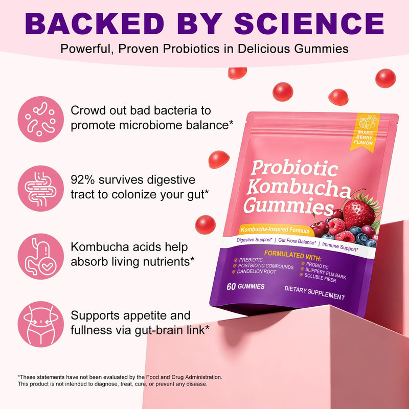 Probiotic Kombucha Gummies 60pcs - Probiotic Gummies for Daily Gut Health Support with Kombucha Extract with Prebiotics - Vegan, Non-GMO, Health Supplement for Digestion & Immunity - 60 Gummies