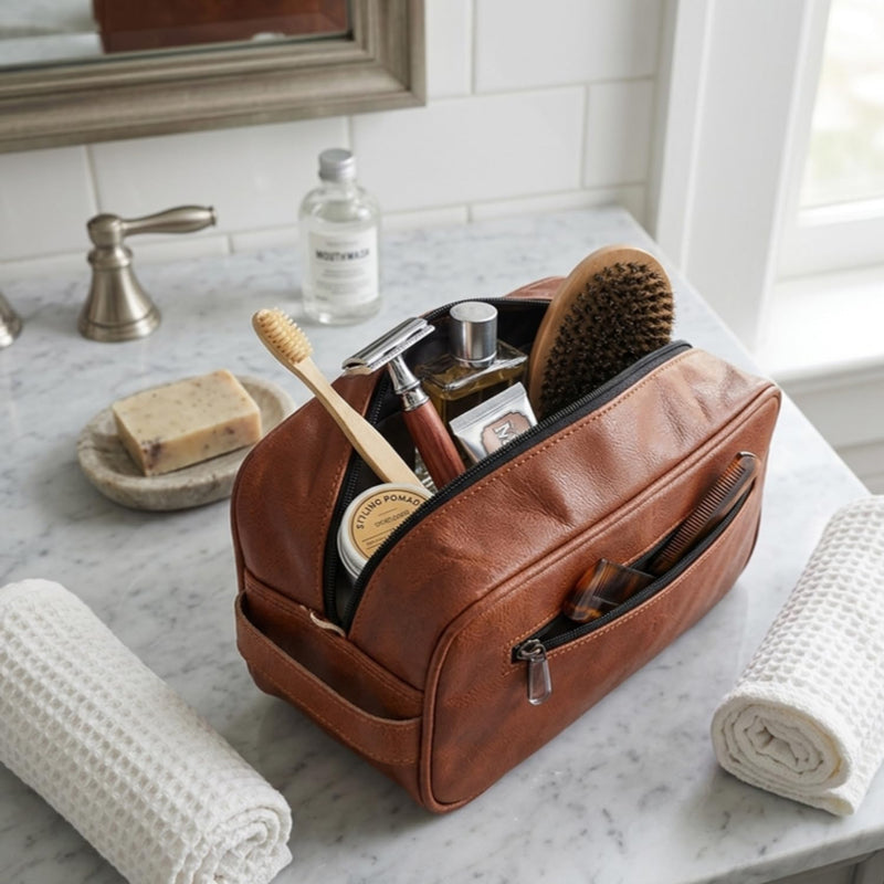 Premium Buffalo Leather Toiletry Bag, Travel Dopp Kit with Water-Resistant Lining & Organizer Compartments, Durable Grooming Pouch for Men & Women (Tan Brown) Tan Brown