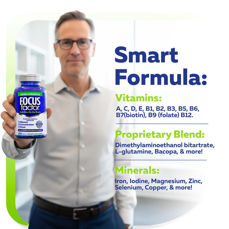 Focus Factor Adults Extra Strength, 120 Count - Brain Supplement for Memory, Concentration and Focus - Complete Multivitamin with DMAE, Vitamin D, DHA - Trusted Health Vitamins 120 Count (Pack of 1)
