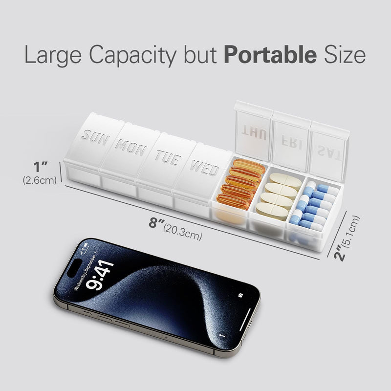 Barhon Pill Organizer Large, Weekly Medicine Pill Organizers, 7 Day Pills Box Case Travel for Big Vitamin Supplements Fish Oil, White