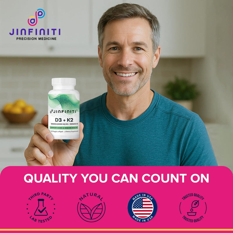 Jinfiniti Vitamin D3 + K2 Supplement, 5000 IU D3 and 100 mcg K2, with Coconut Oil, 180 Veggie Softgels, Supports Bone Heart and Immune Health, 3-6 Month Supply