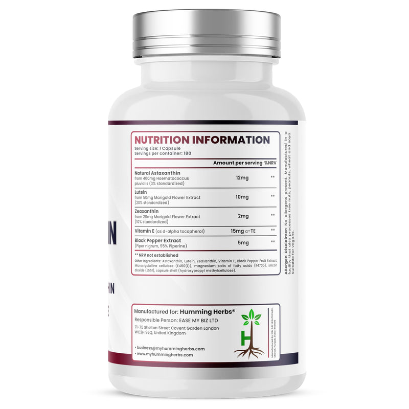 Humming Herbs Astaxanthin 12 mg with Lutein 10 mg, Zeaxanthin 2 mg & Vitamin E | 180 Vegan Capsules (180-Day Supply) | Carotenoid Complex Food Supplement