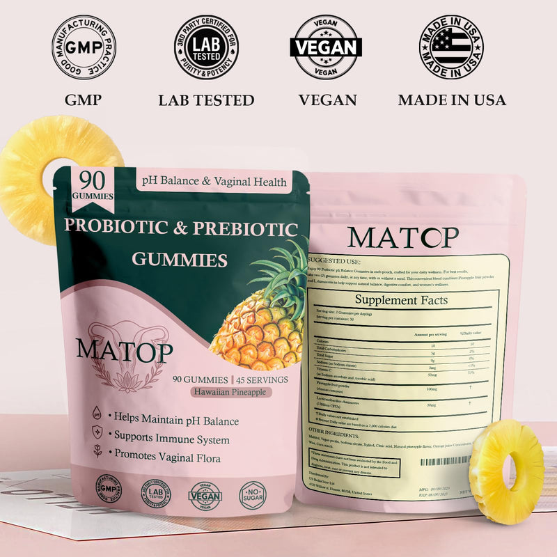 MATOP Probiotic Prebiotic pH Balance Gummies - Vaginal Health Gummies for Women Pro + Prebiotic with Pineapple Flavor, Vegan, Sugar-Free – 90 Gummies (45 Servings) 90 Count (Pack of 1)