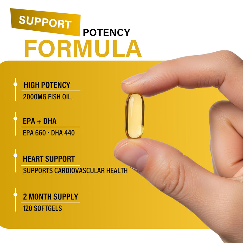 FreshLife Omega-3 Fish Oil – Ultra Pure Super Strength 2000mg – 120 Softgels –Powerful EPA 660mg & DHA 440mg – Everyday Heart, Brain & Vision Care – Premium Food Supplement in Elegant Glass Bottle