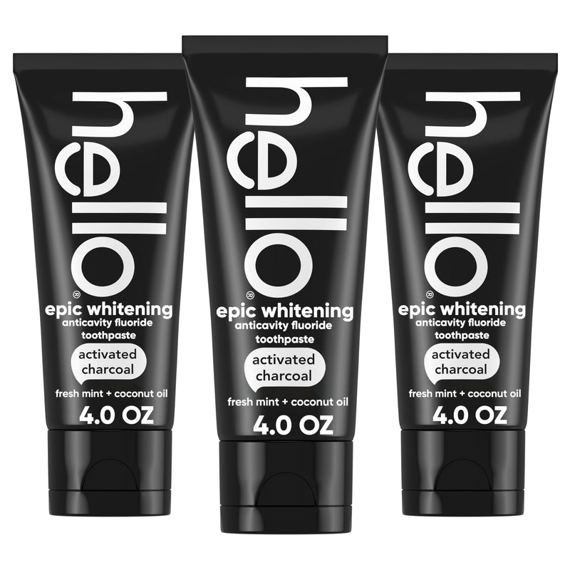 [Australia] - Hello Activated Charcoal Toothpaste, Fluoride Toothpaste with Activated Charcoal, Teeth Whitening Toothpaste with Fresh Mint and Coconut Oil, No SLS, Vegan, Gluten Free, 3 Pack, 4 OZ Tubes 4 Ounce (Pack of 3) 