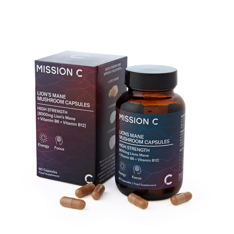 Lions Mane Mushroom Capsules 8,000mg with Added Vitamin B6 and B12 | Nootropic Supplement for Cognition, Mood, Immunity & Inflammation | 60 Two-a-Day Vegan Capsules - Mission C Lion's Mane
