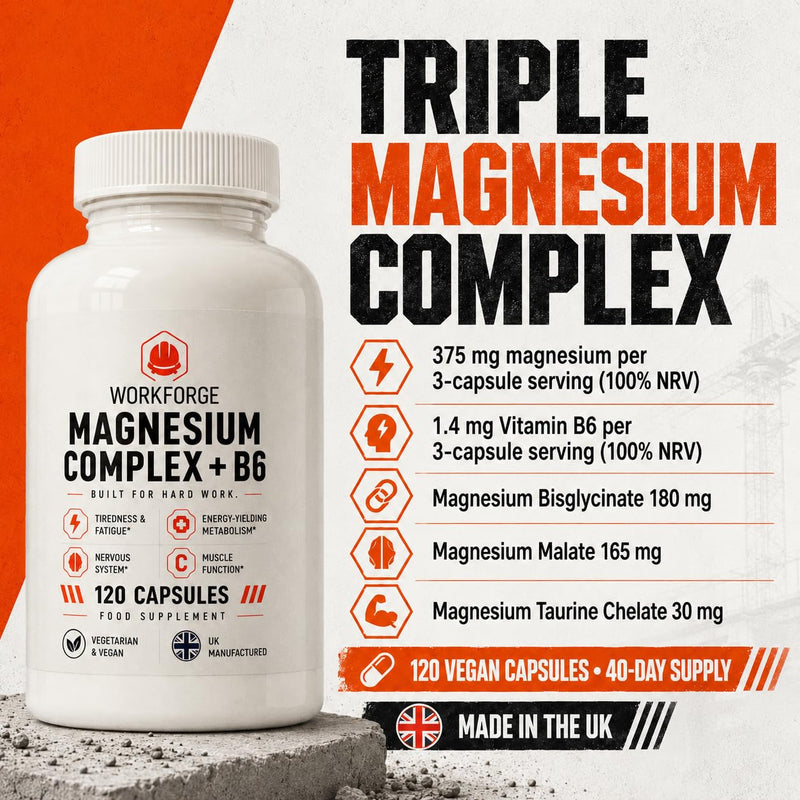 Magnesium Complex Supplement with Vitamin B6, 120 Capsules | 375mg Elemental Magnesium, Bisglycinate Malate Taurate, Vegan, UK Made
