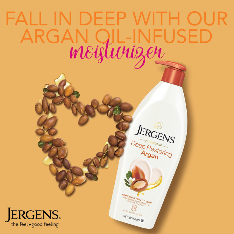 Jergens Deep Restoring Argan Oil Body Lotion For Dry Skin, 16.8 fl oz | Vitamin E, Restores Hydration, Long-Lasting Moisture, Lightweight Feel, Fast Absorption 16.8oz Lotion 16.8 Fl Oz (Pack of 1)