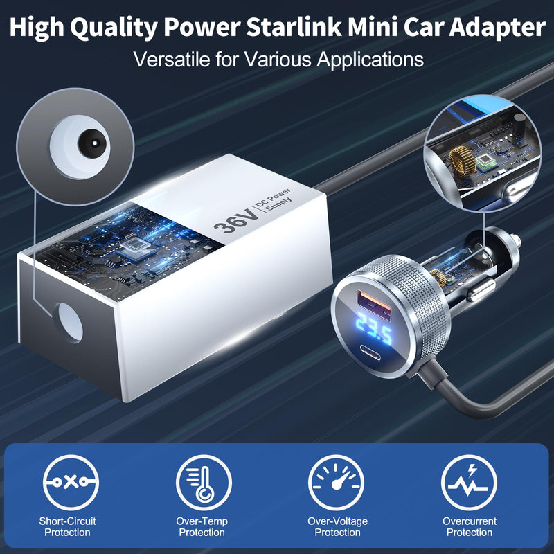 Starlink Mini Car Adapter, Car Charger 12V/24 to 36V Step Up Converter Starlink Accessories, 1M/3.2ft Mini Cigarette Lighter Adapter for RV Truck/RV/Car, USB-C 45W/USB-A 18W Dual Ports