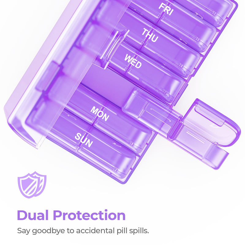 AUVON Weekly Pill Organizer 2 Times a Day, One-Side Large Opening, Easy‑Use | XL AM PM Pill Case, Travel Pill Box 7 Day, Medication Organizer for Medications, Vitamins, Fish Oils, Supplements, Purple