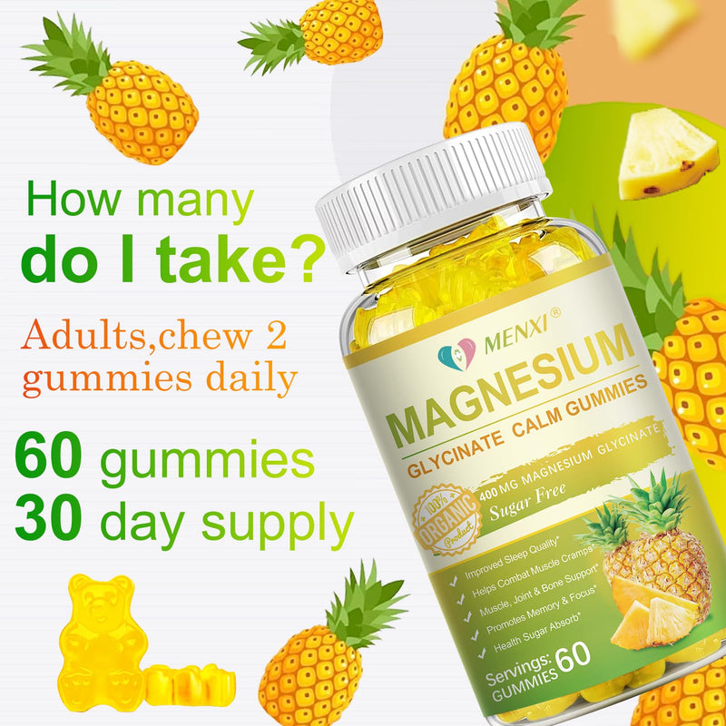 Magnesium Glycinate Gummies 400mg, Sugar Free Magnesium Taurate, Malate Supplement with Vitamin D, B6, CoQ10 for Relaxation, Stress Relief, Muscle, Bone & Sleep Support- 60 Pineapple Gummies 60 Count (Pack of 1)
